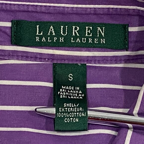 Lauren Ralph Lauren Ruffle Collar Button Up Shirt Womens S Cotton Purple Stripes - Picture 6 of 7